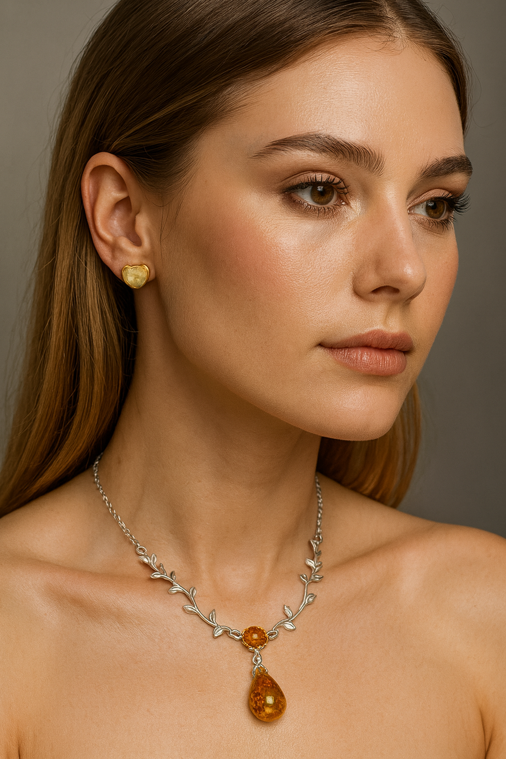 Ogrlica od listova s kapljicom Jantara - Slika 2