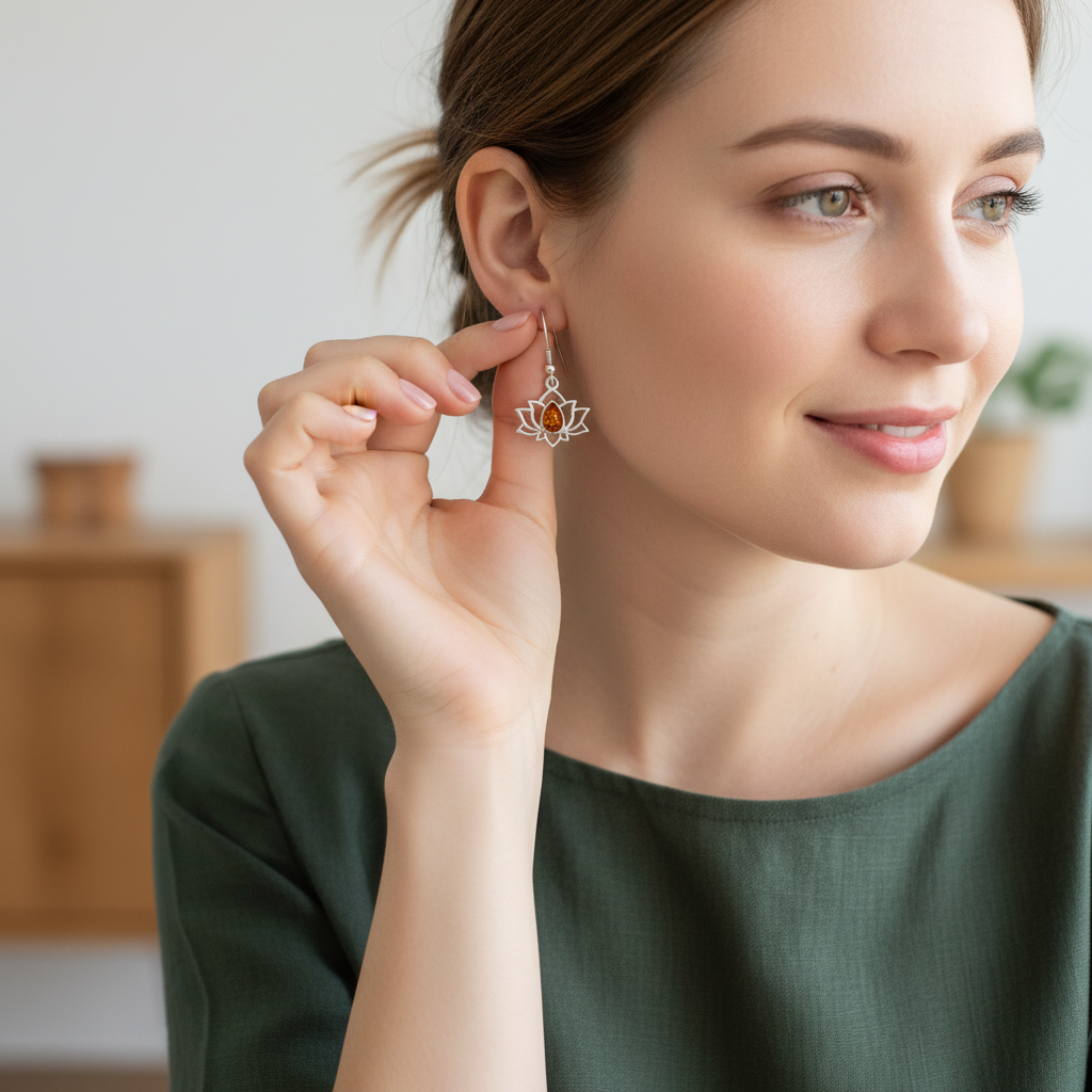 Naušnice s privjeskom Lotus s prirodnim Jantarom - Slika 2