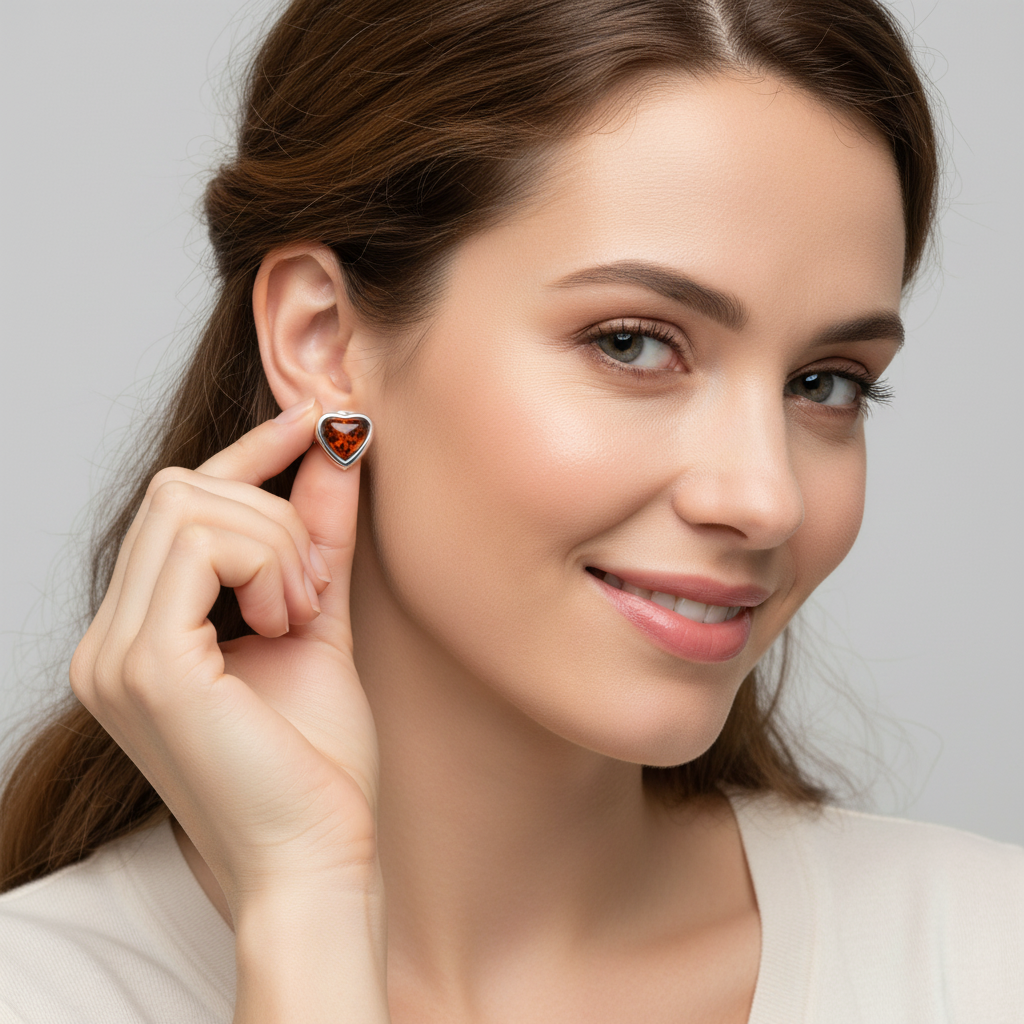 Naušnice u obliku srca s prirodnim Jantarom u boji konjaka - Slika 2