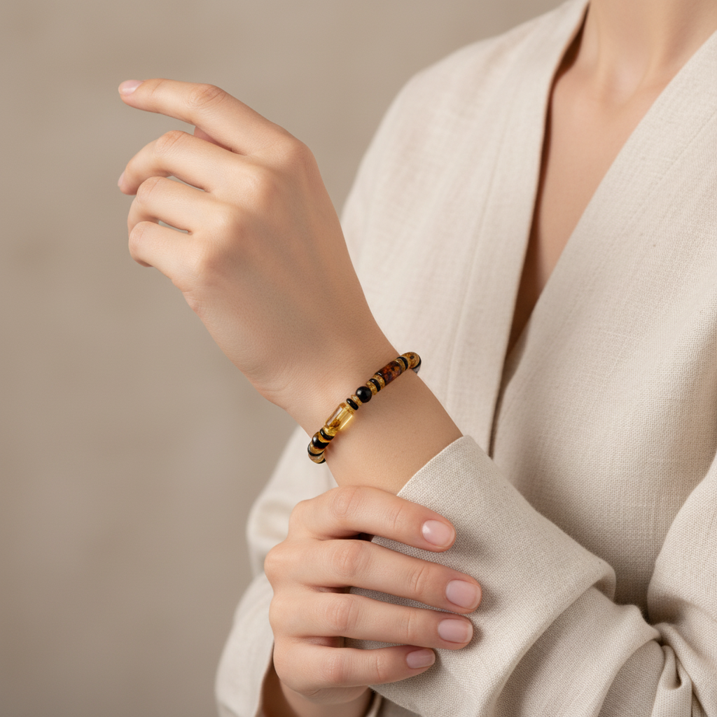 Narukvica s cilindričnim višebojnim baltičkim jantarom - Slika 2