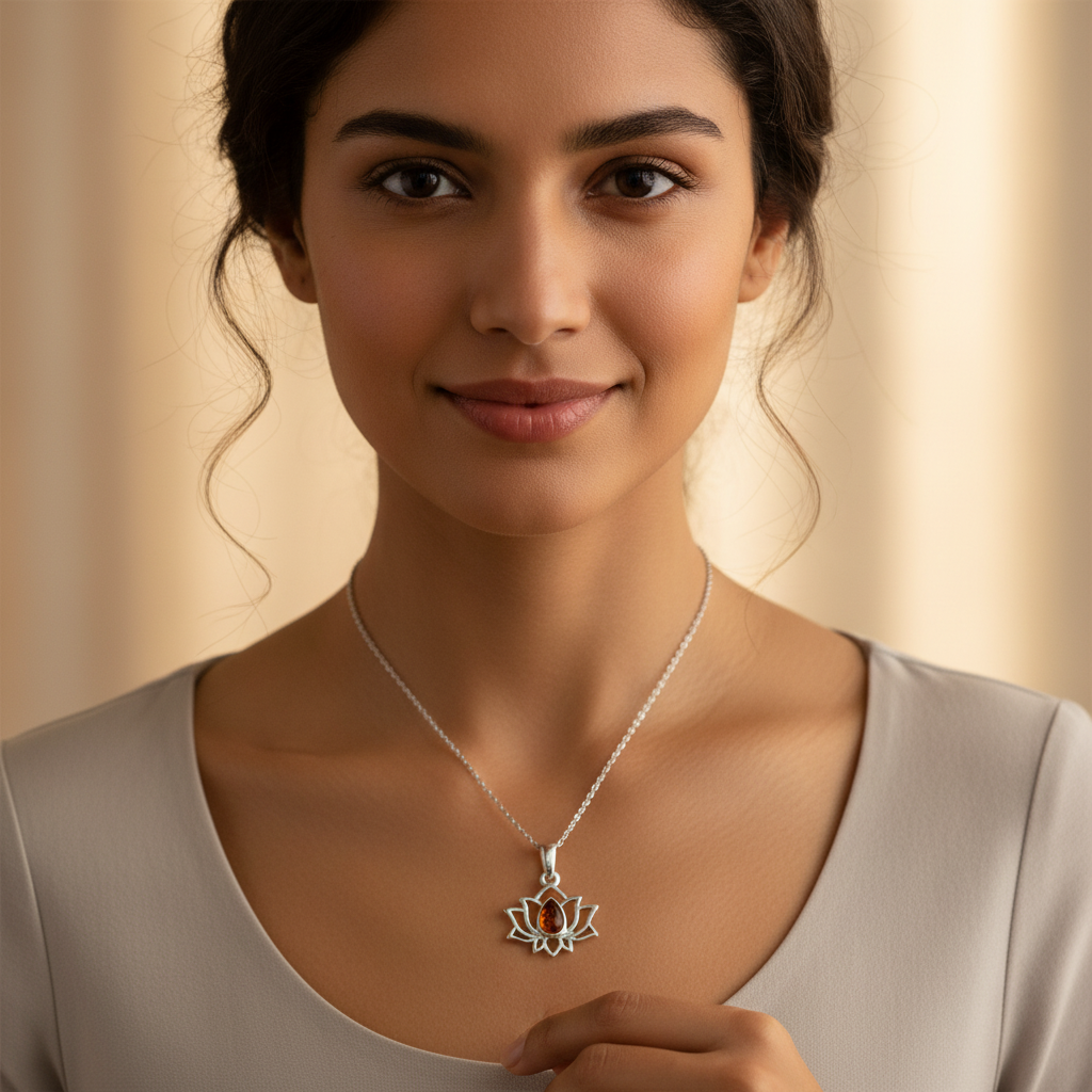 Privjesak Lotos s kapljicom prirodnog Jantara boje konjaka - Slika 3