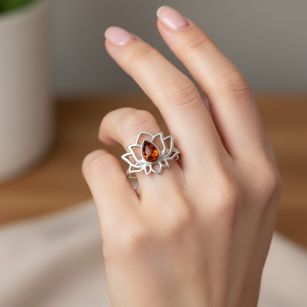 Prsten s lotosom i kapljicom prirodnog Jantara boje konjaka - Slika 3