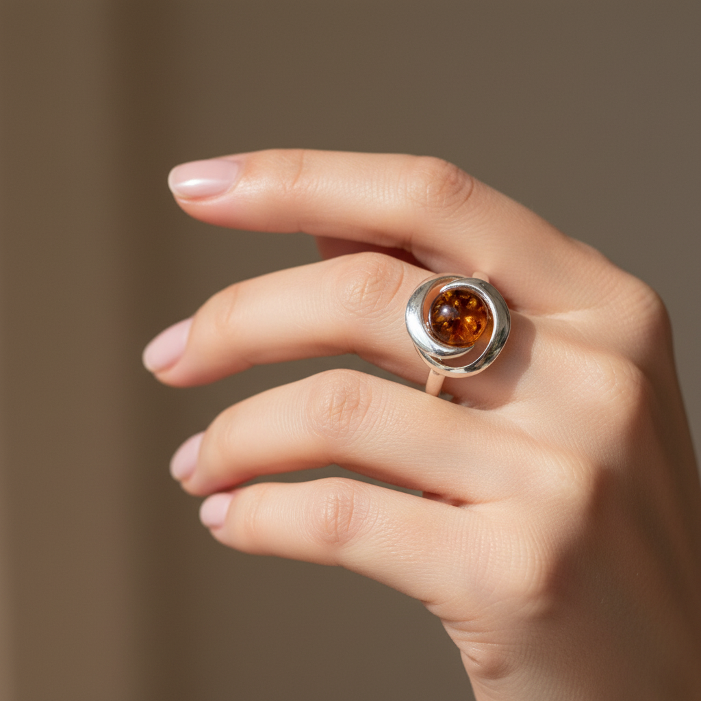 Prsten s prirodnim okruglim Jantarom boje konjaka - Slika 2