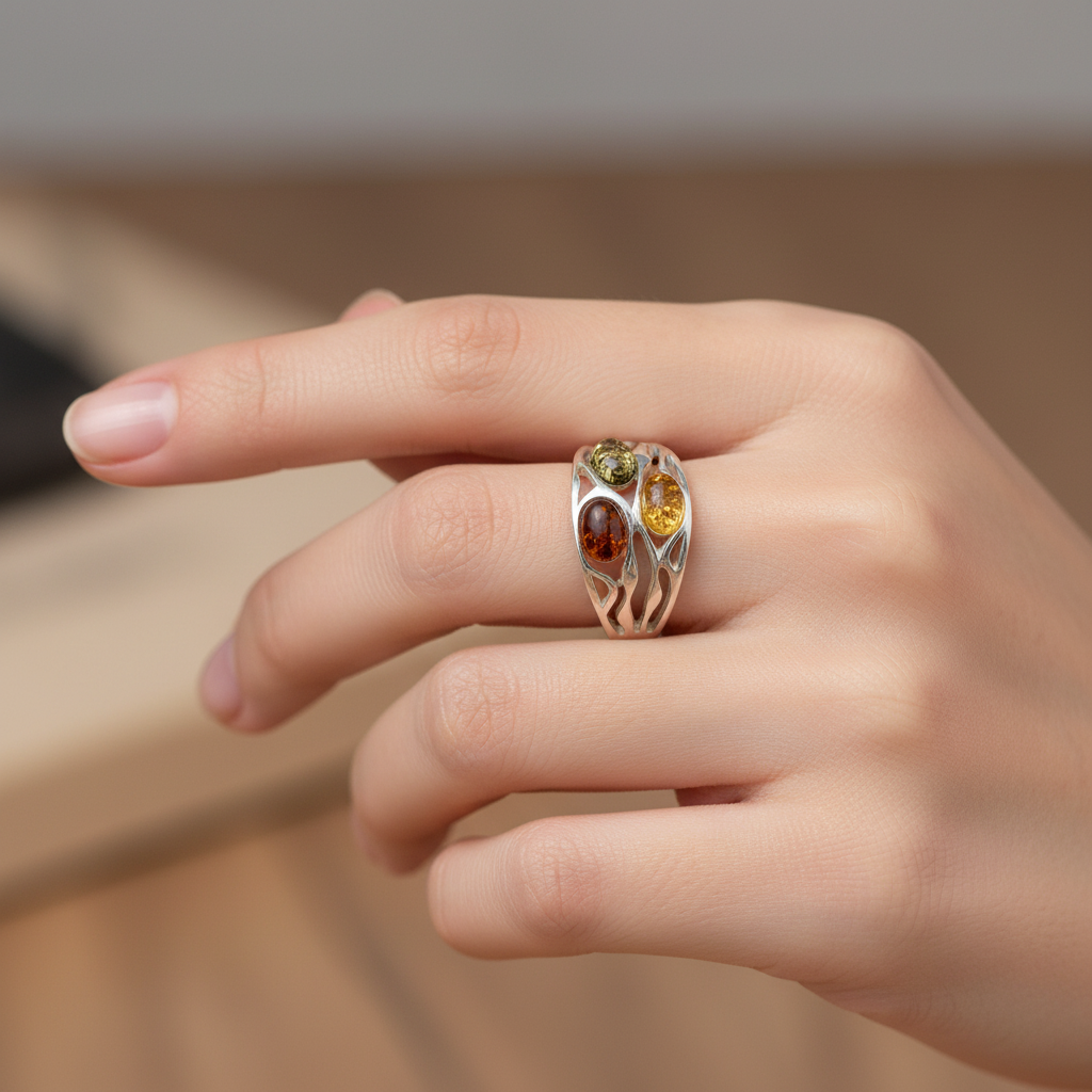 Prsten s prirodnim ovalnim Jantarom boje konjaka - Slika 3