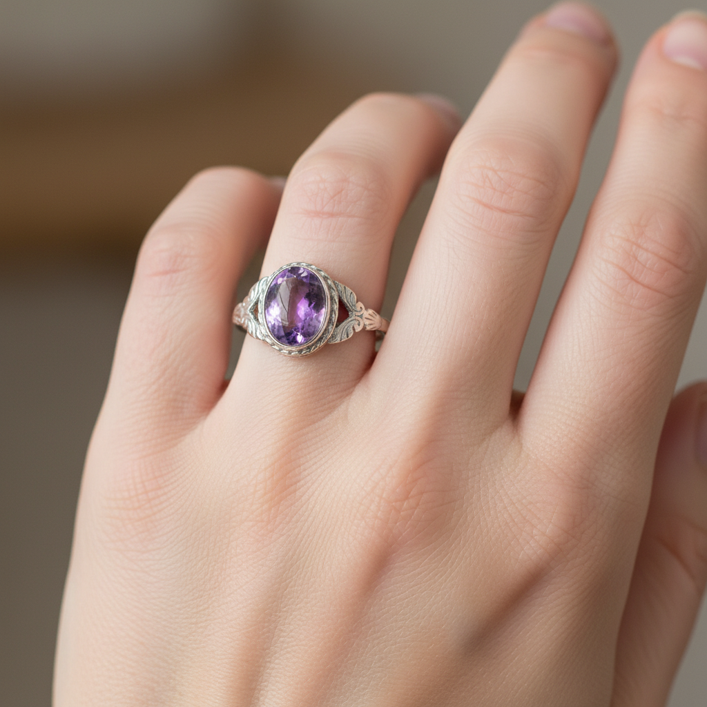 Prsten s prirodnim ovalnim ljubičastim Ametistom - Slika 3
