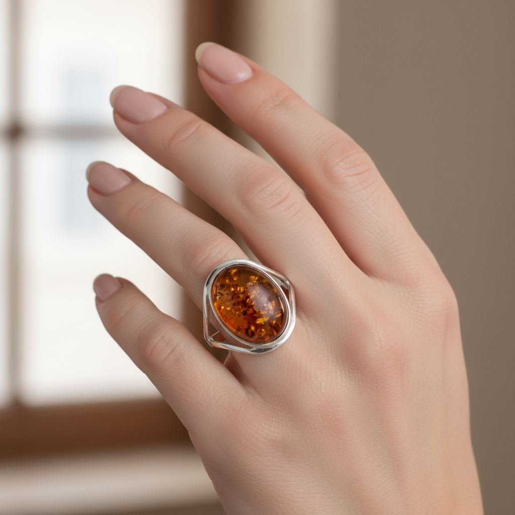 Veliki kameni prsten s prirodnim ovalnim Jantarom boje konjaka - Slika 2