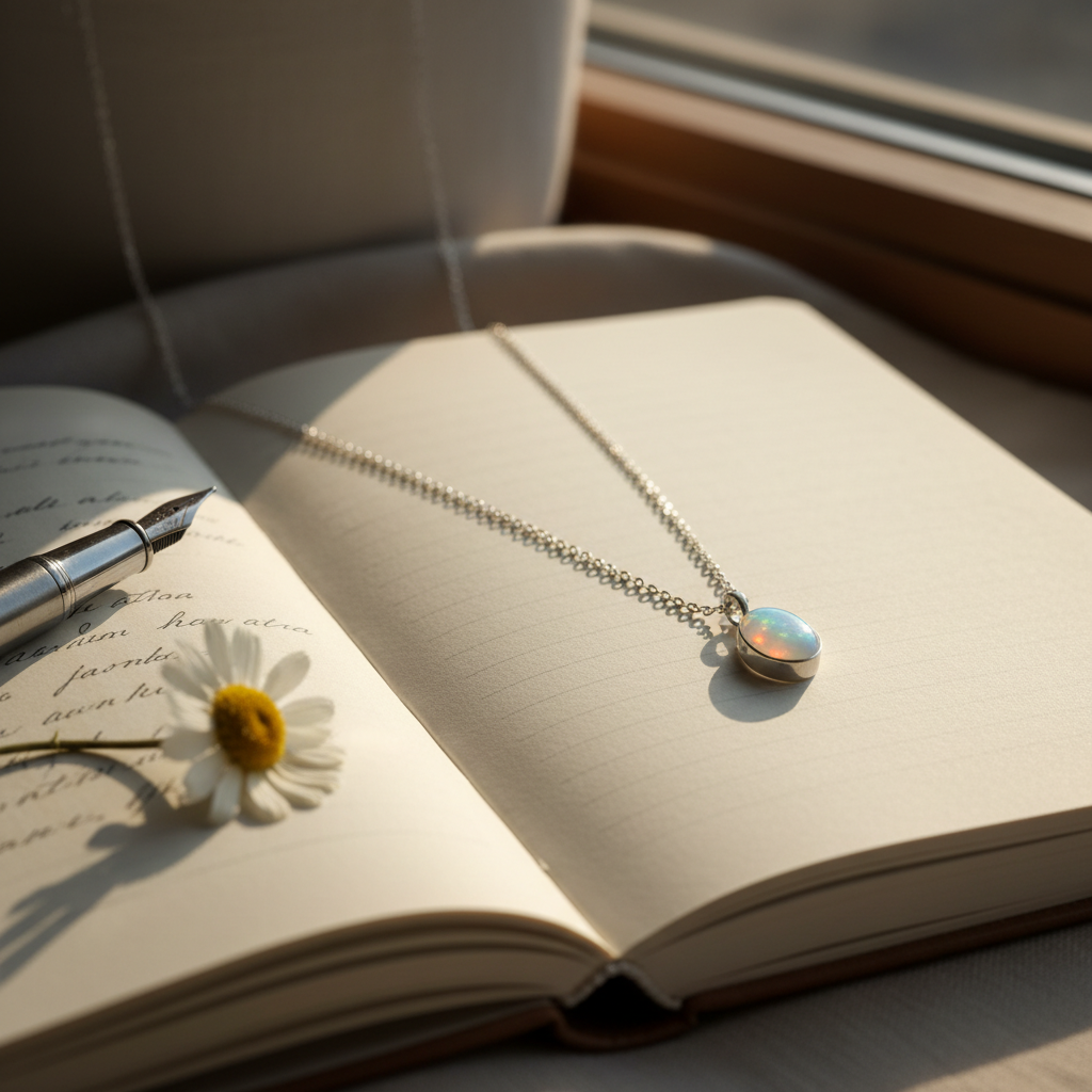 Srebrni lančić s kamenčićem položen na otvorenu bilježnicu, nakit kao mali dnevnik uspomena