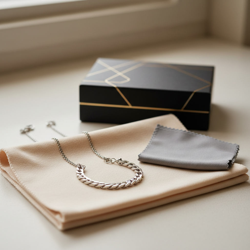 Srebrni lančić i narukvica uz mekanu krpicu za poliranje, ritual njege srebrnog nakita